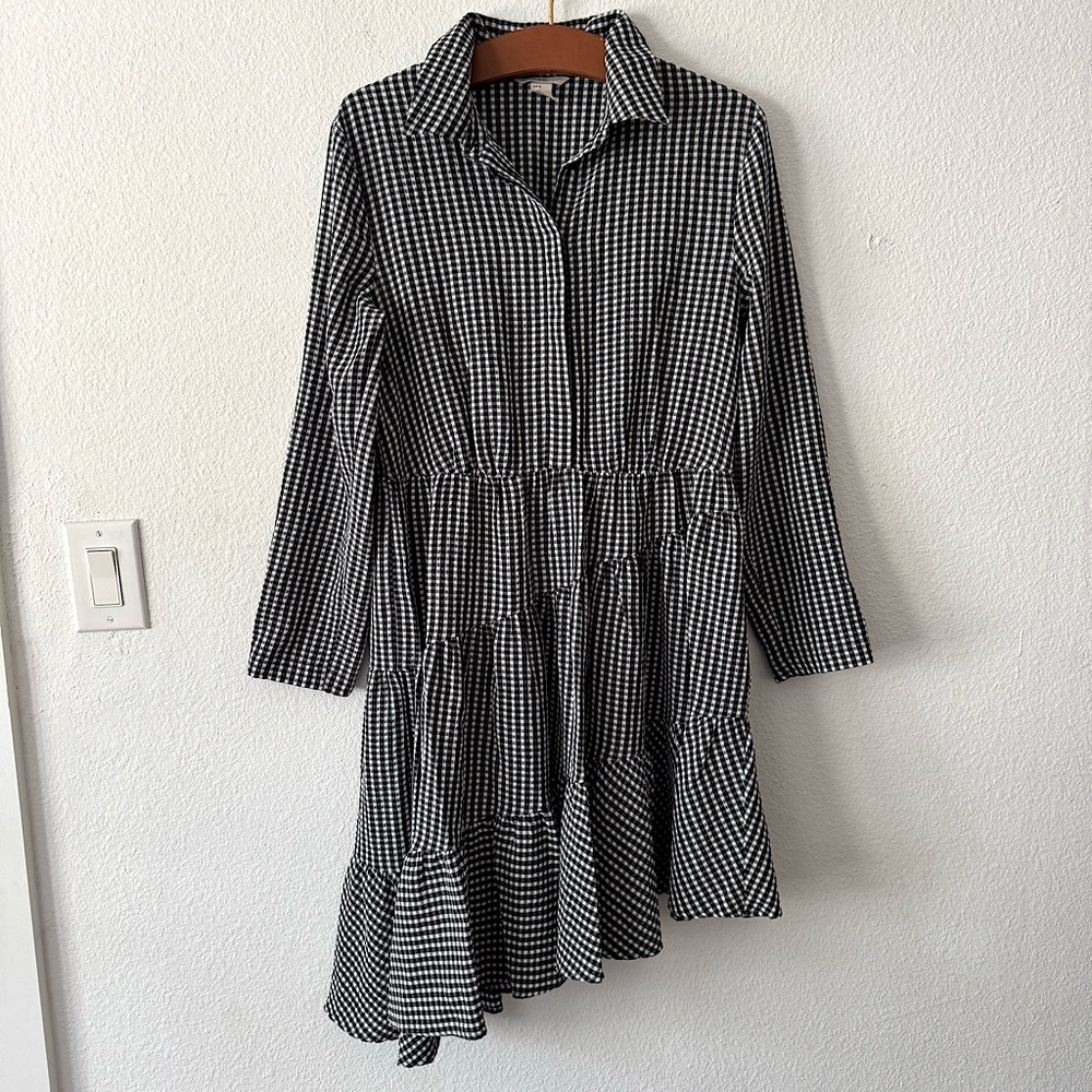H&M black and white long sleeve gingham shirt dress size 12